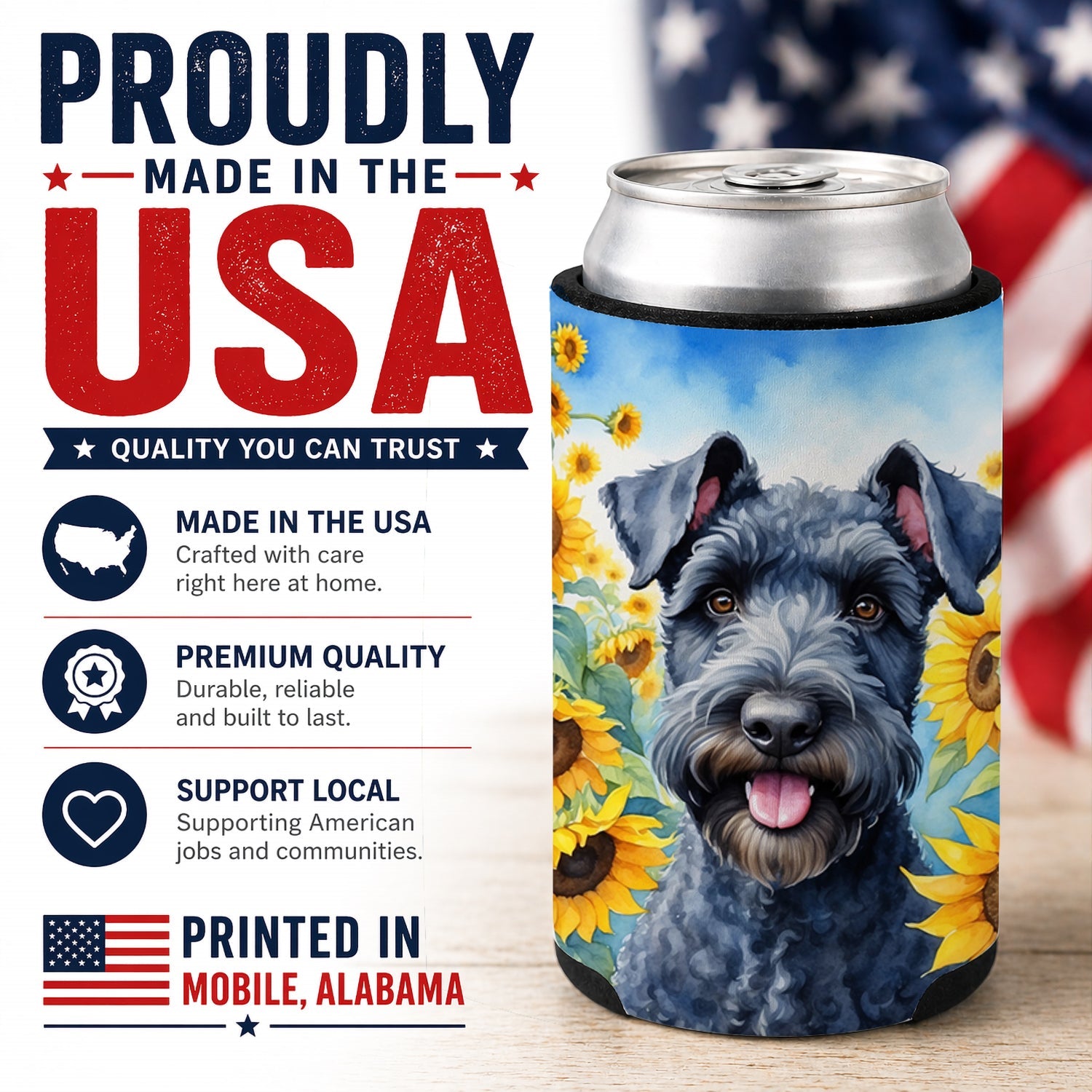 Kerry Blue Terrier in Sunflowers Can or Bottle Hugger Cooler Sleeve for Standard 12 oz Cans, Insulated Foam Beer & Soda Can Hugger Reusable