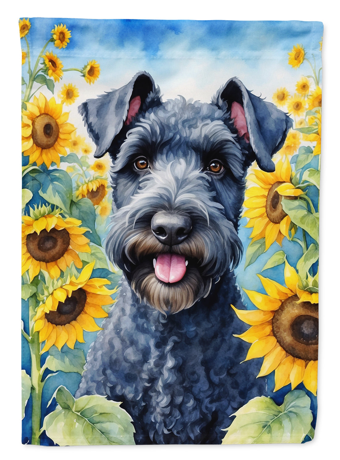 Kerry Blue Terrier in Sunflowers House Flag 28x40 Porch Sleeve Pole Decorative Outside Yard Banner Artwork Wall Hanging, Polyester