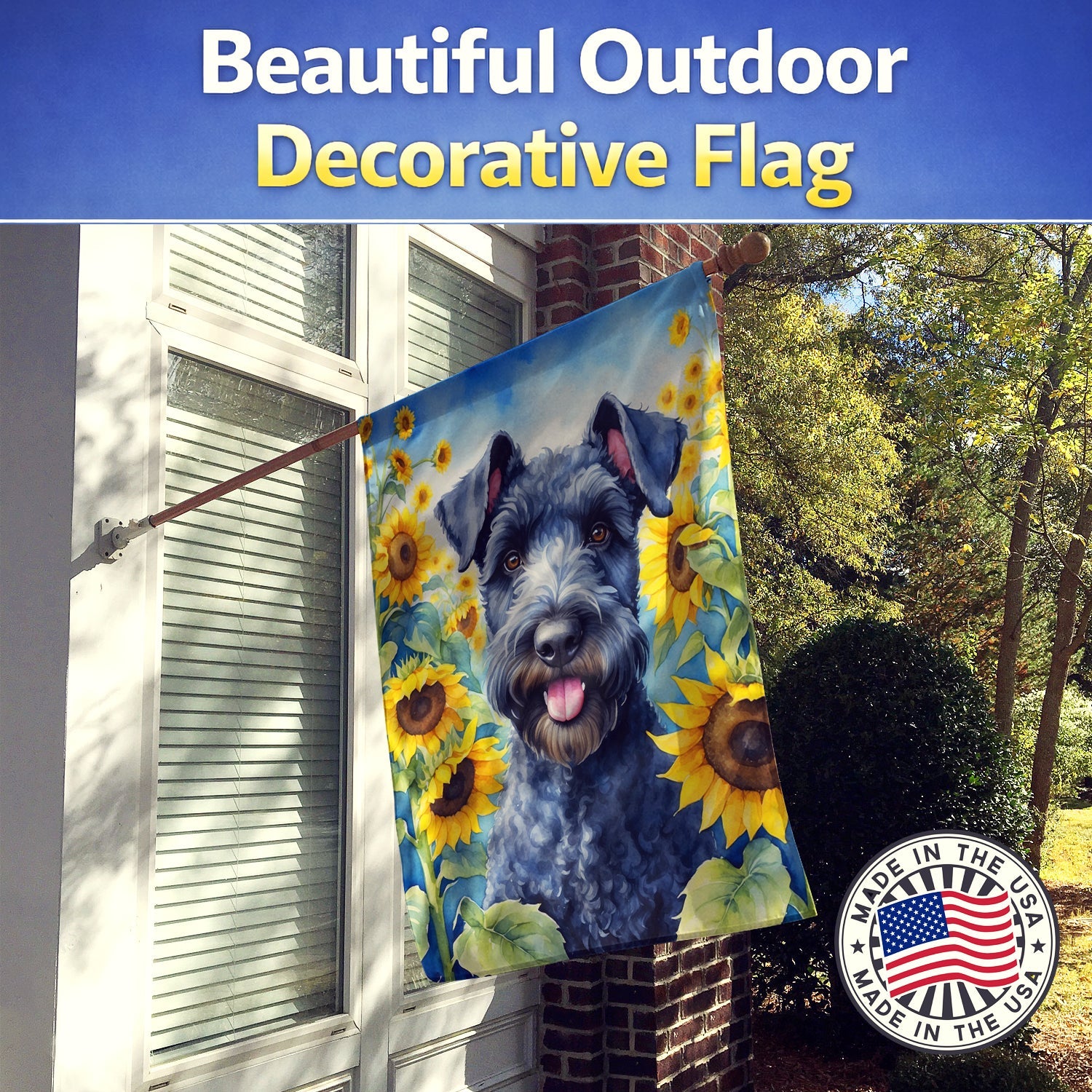 Kerry Blue Terrier in Sunflowers House Flag 28x40 Porch Sleeve Pole Decorative Outside Yard Banner Artwork Wall Hanging, Polyester