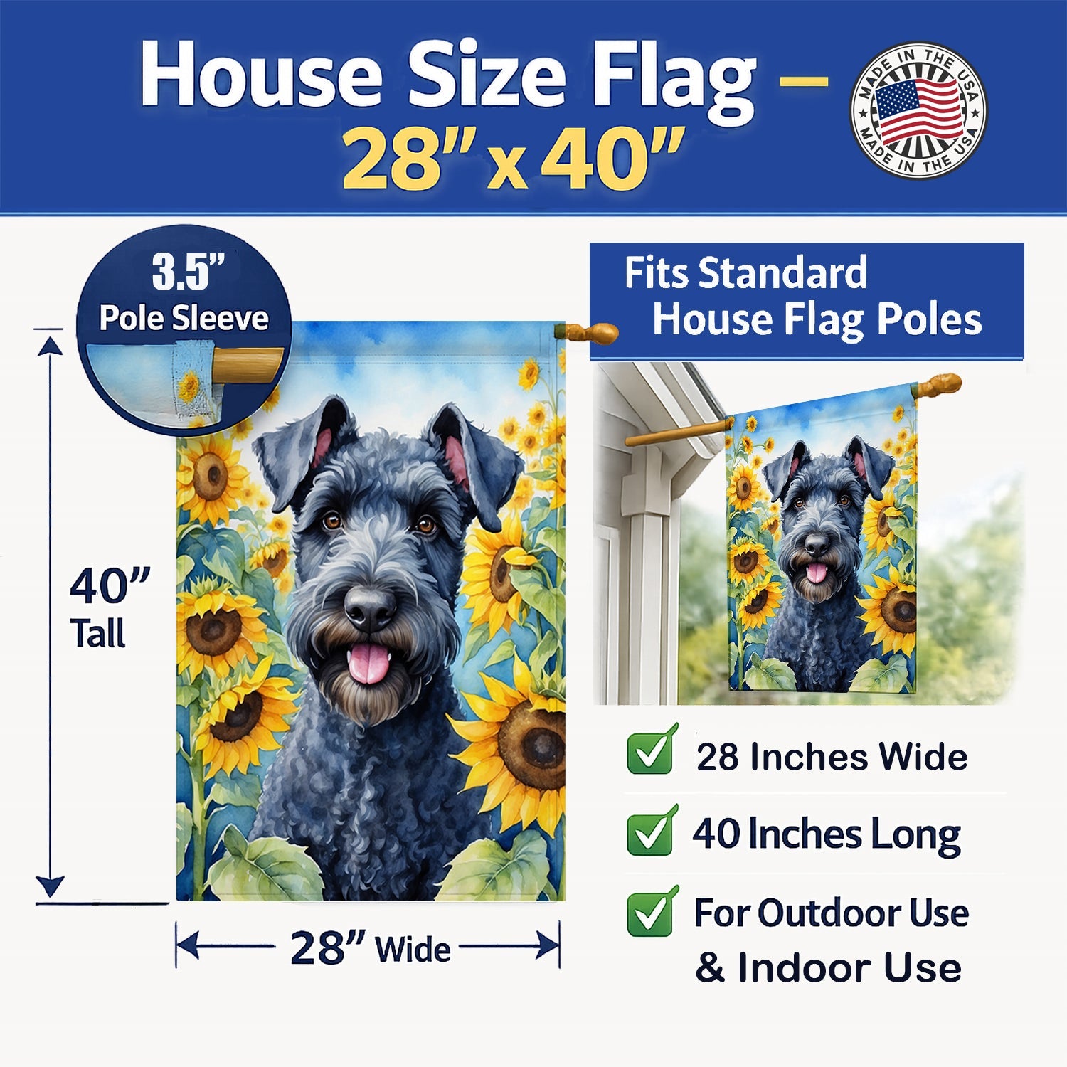 Kerry Blue Terrier in Sunflowers House Flag 28x40 Porch Sleeve Pole Decorative Outside Yard Banner Artwork Wall Hanging, Polyester