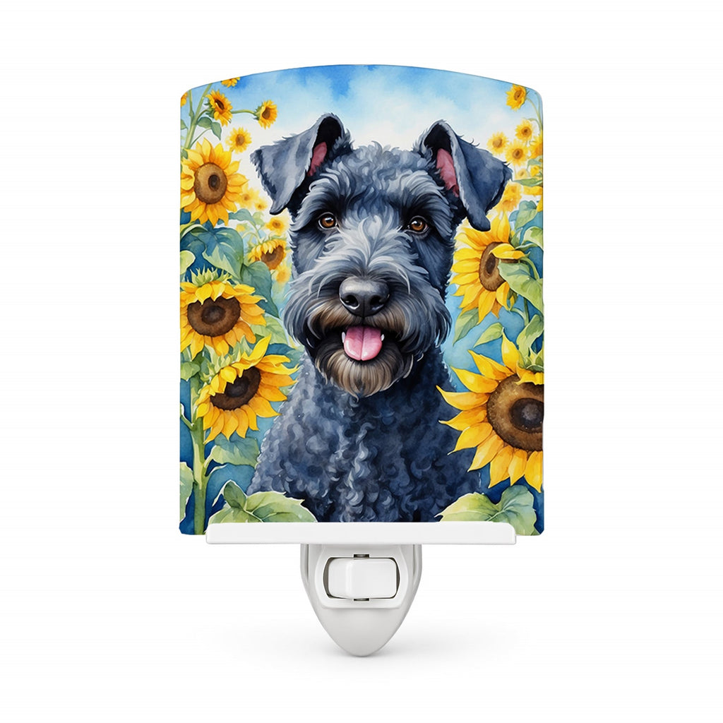 Kerry Blue Terrier in Sunflowers Ceramic Night Light Compact, UL-Certified, Ideal for Bedroom, Bathroom, Nursery, Hallway, Kitchen, 6x4x3, Multicolor