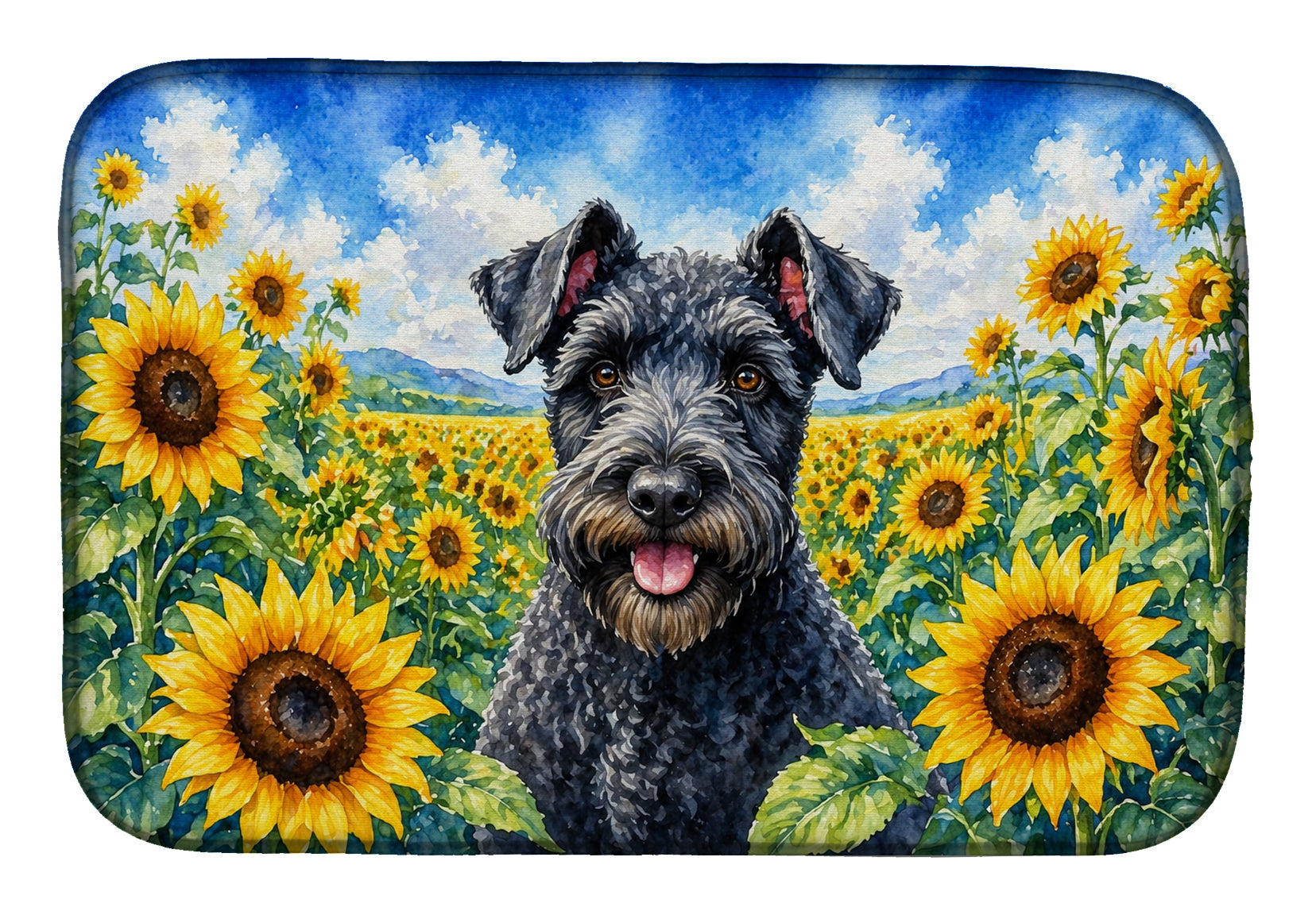 Kerry Blue Terrier in Sunflowers Dish Drying Mat Absorbent Dish Drying Mat Pad for Kitchen Counter Dish Drainer Mat for Countertop, 14 x 21", Multicolor