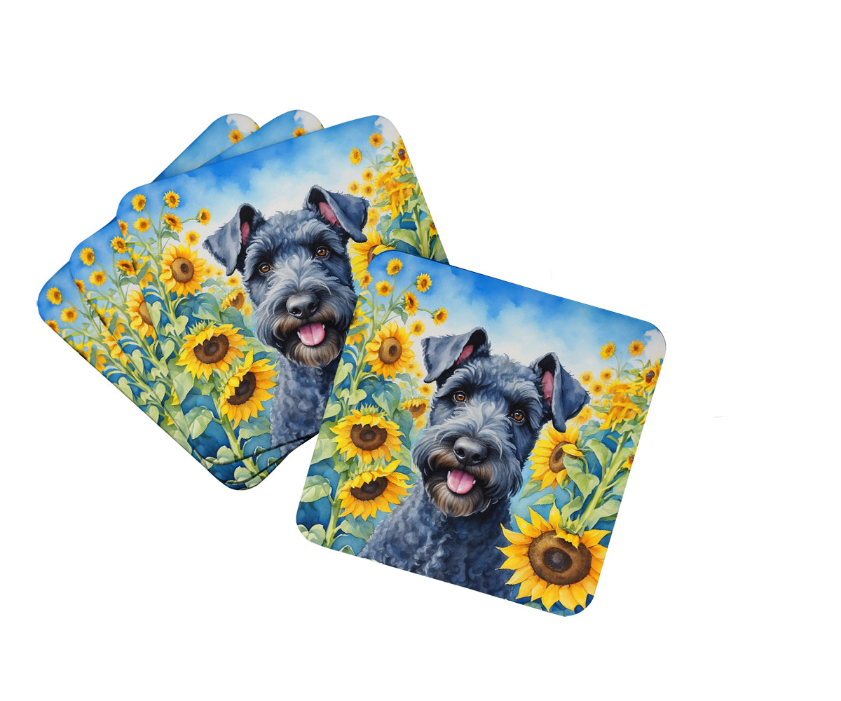 Kerry Blue Terrier in Sunflowers Foam Coasters Set of 4 Cup Coasters for Indoor Outdoor, Tabletop Protection, Anti Slip, Mouse pad Material