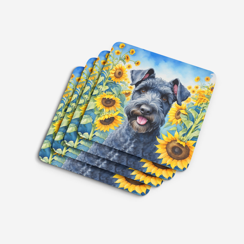 Kerry Blue Terrier in Sunflowers Foam Coasters Set of 4 Cup Coasters for Indoor Outdoor, Tabletop Protection, Anti Slip, Mouse pad Material