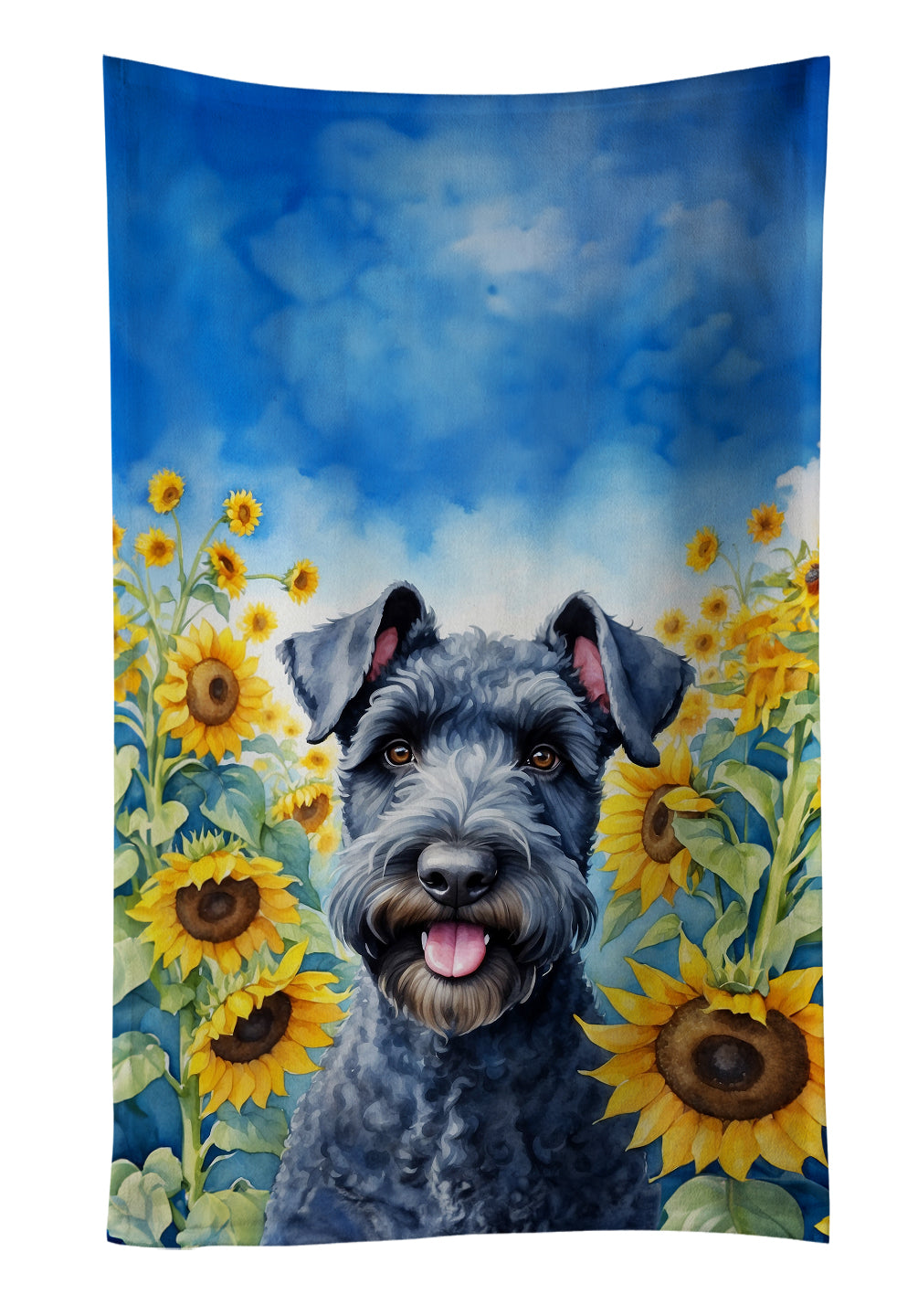 Kerry Blue Terrier in Sunflowers Kitchen Towel Velour Plush Front and Cotton Loop Back Machine Washable