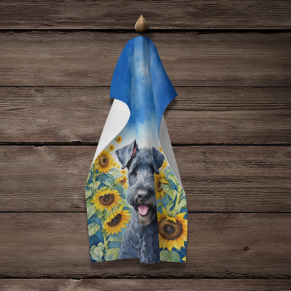 Kerry Blue Terrier in Sunflowers Kitchen Towel Velour Plush Front and Cotton Loop Back Machine Washable