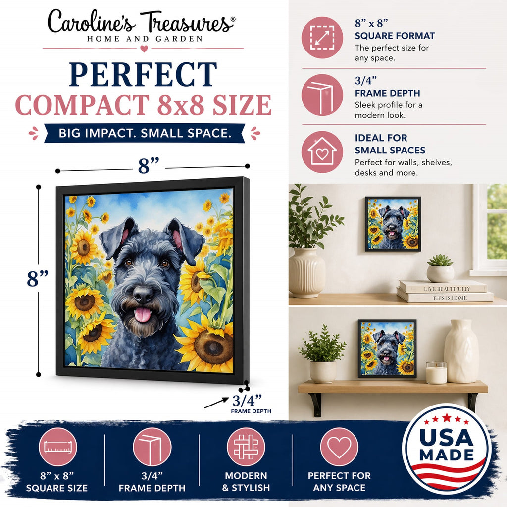 Kerry Blue Terrier in Sunflowers Framed Metal Print Bathroom, Kitchen, Office, Home Decor Wall Art Ready to Hang, Square, 8X8