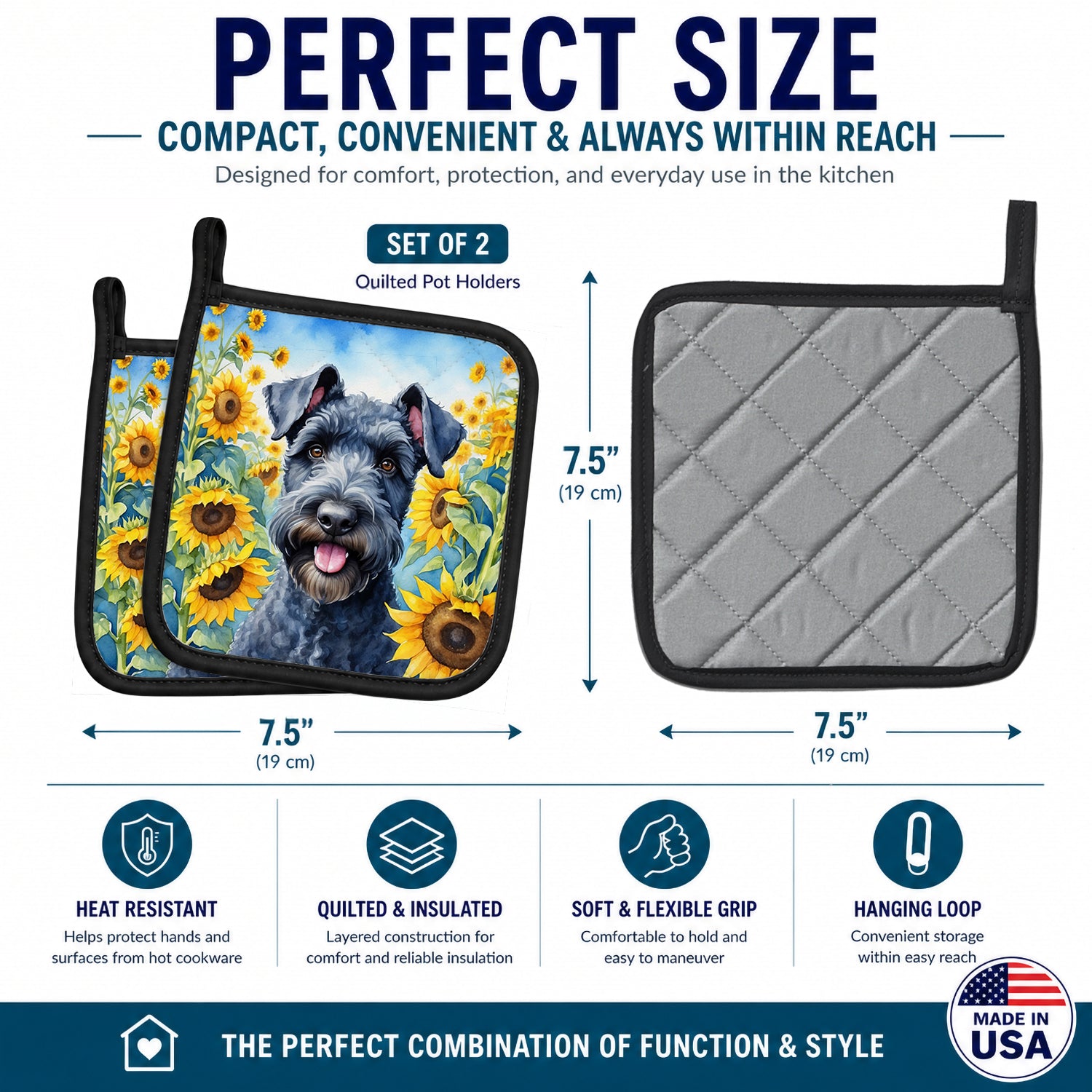 Kerry Blue Terrier in Sunflowers Pot Holder Set of 2 Heat Resistant Quilted Hot Pads 7.5 x 7.5 Inch, Insulated Kitchen Trivets for Cooking & Baking