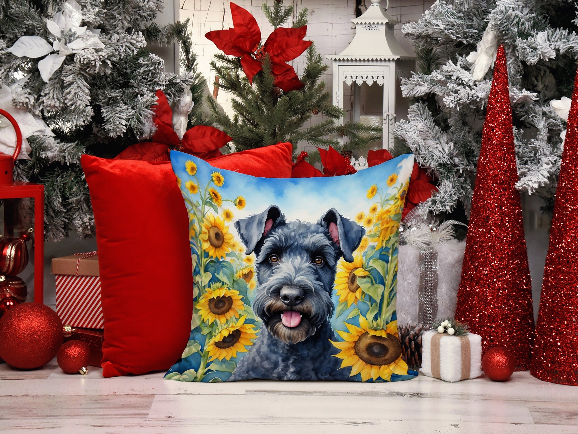 Kerry Blue Terrier in Sunflowers Decorative Throw Pillow 14x14 Indoor Outdoor Accent Cushion, Fabric Cover with Insert for Sofa, Bed, Porch & Living Room