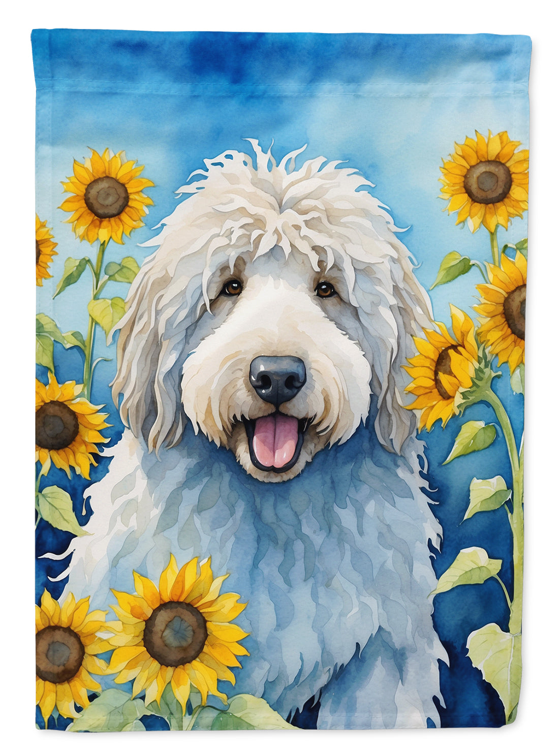 Komondor in Sunflowers House Flag 28x40 Porch Sleeve Pole Decorative Outside Yard Banner Artwork Wall Hanging, Polyester