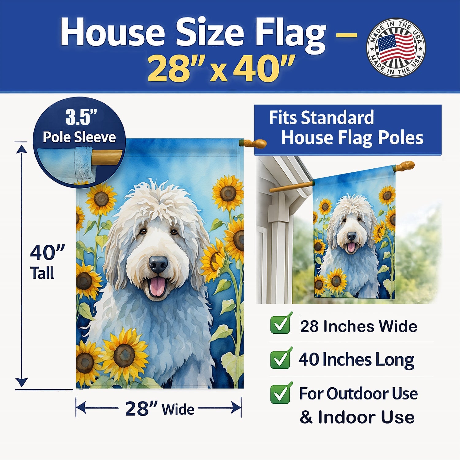 Komondor in Sunflowers House Flag 28x40 Porch Sleeve Pole Decorative Outside Yard Banner Artwork Wall Hanging, Polyester