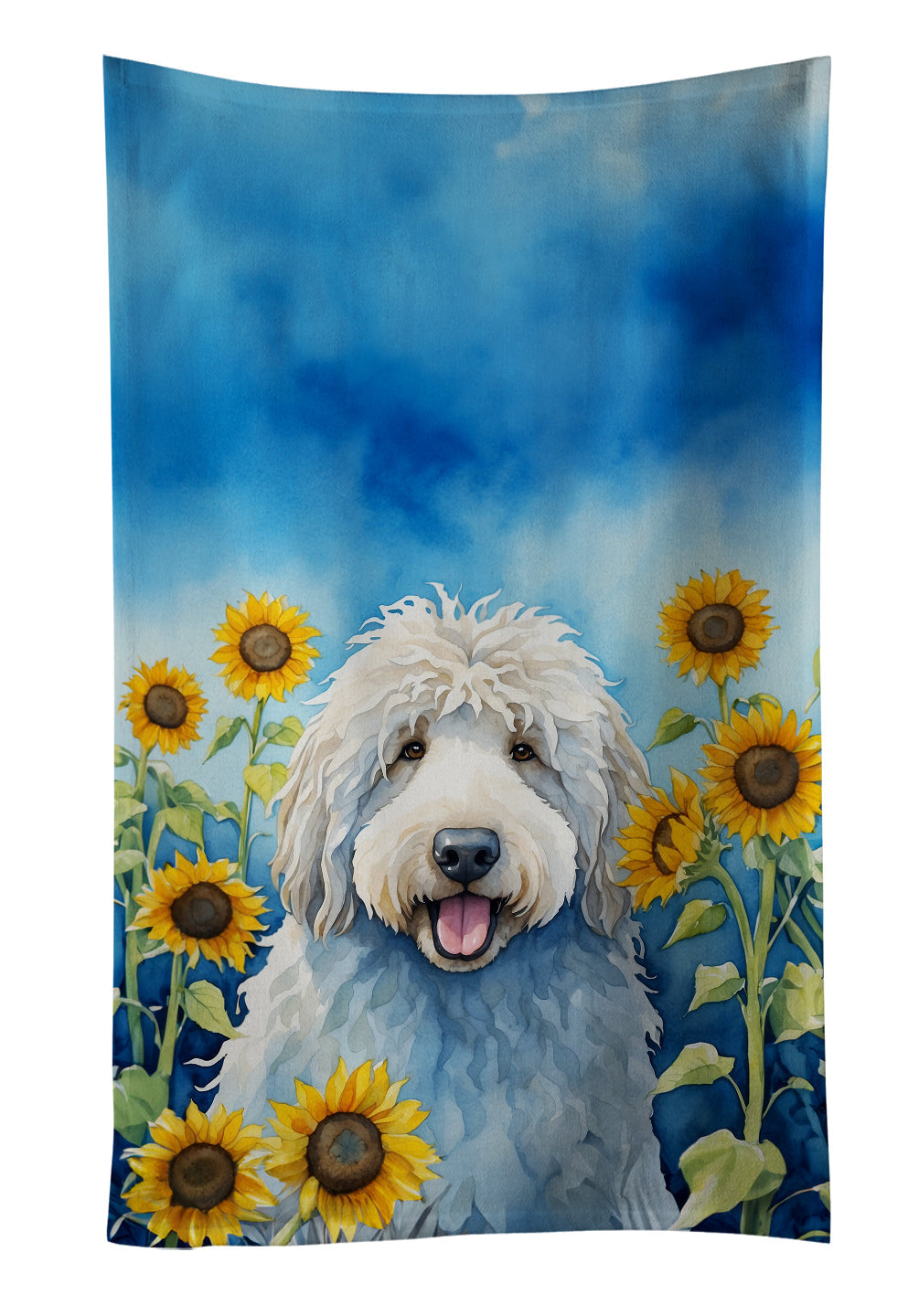 Komondor in Sunflowers Kitchen Towel Velour Plush Front and Cotton Loop Back Machine Washable