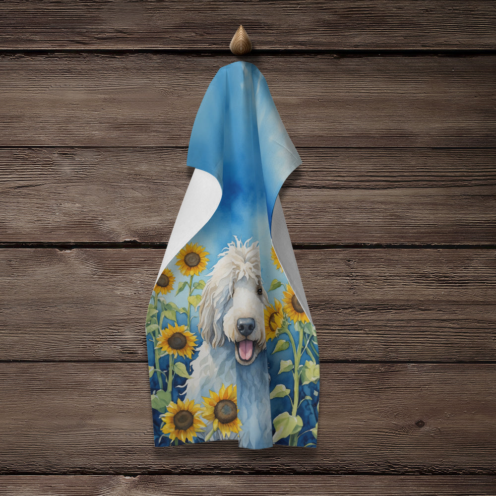 Komondor in Sunflowers Kitchen Towel Velour Plush Front and Cotton Loop Back Machine Washable