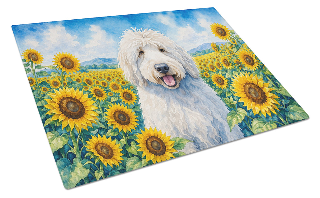 Komondor in Sunflowers Cutting Board Tempered Glass Kitchen Cutting Surface, Heat Resistant Chopping Board with Non-Slip Feet, Decorative Food Prep & Serving