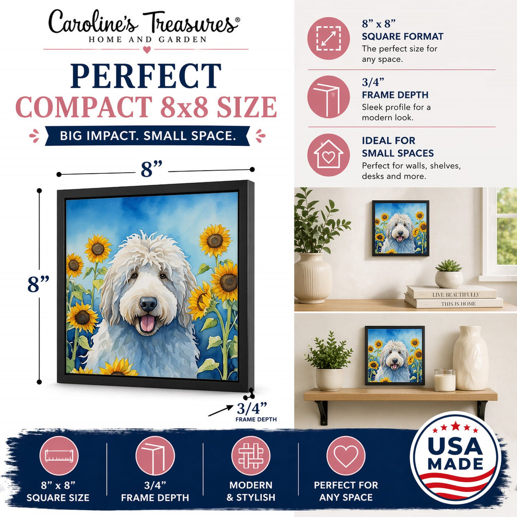 Komondor in Sunflowers Framed Metal Print Bathroom, Kitchen, Office, Home Decor Wall Art Ready to Hang, Square, 8X8
