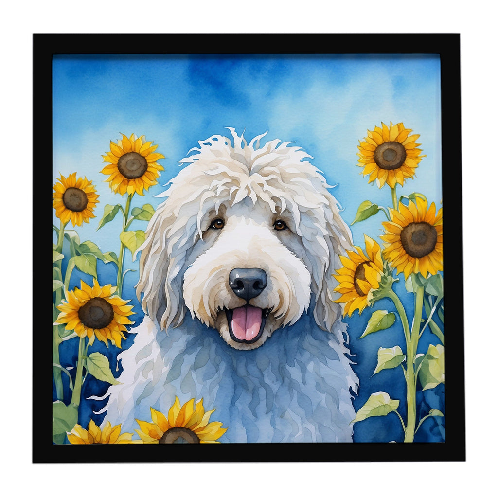 Komondor in Sunflowers Framed Metal Print Bathroom, Kitchen, Office, Home Decor Wall Art Ready to Hang, Square, 8X8