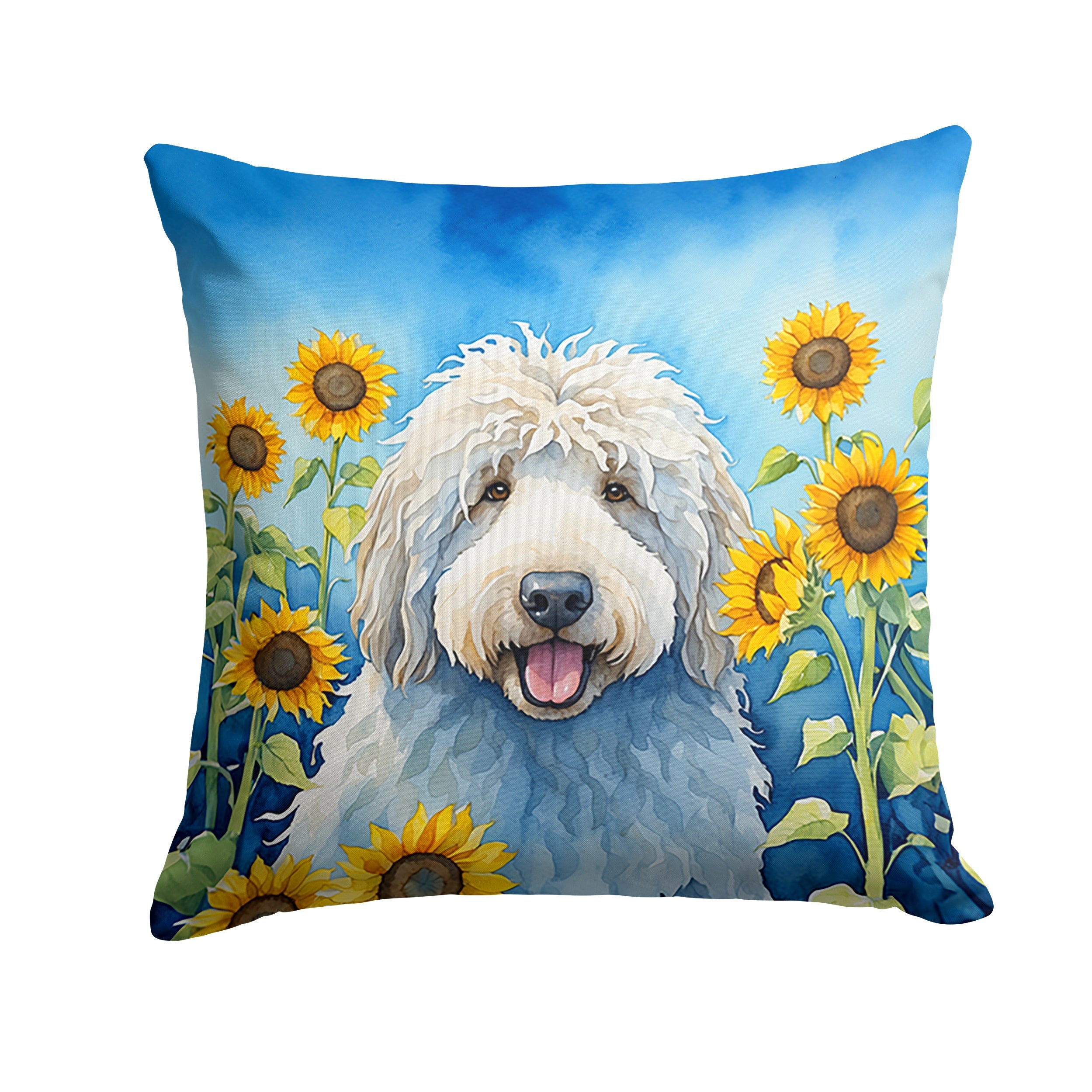 Komondor in Sunflowers Decorative Throw Pillow 14x14 Indoor Outdoor Accent Cushion, Fabric Cover with Insert for Sofa, Bed, Porch & Living Room