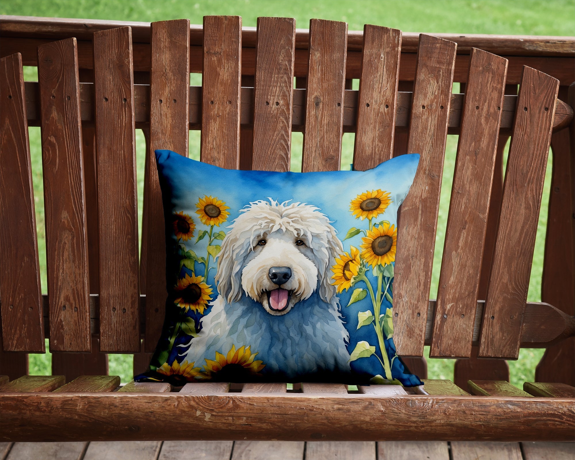 Komondor in Sunflowers Decorative Throw Pillow 14x14 Indoor Outdoor Accent Cushion, Fabric Cover with Insert for Sofa, Bed, Porch & Living Room