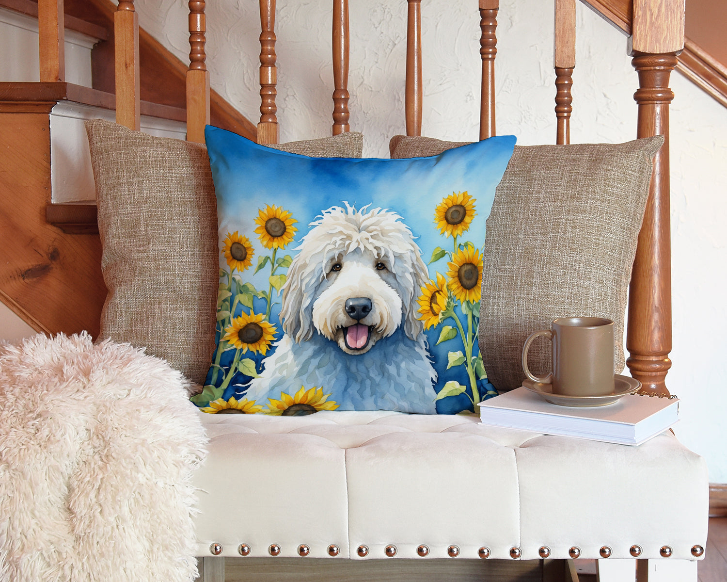 Komondor in Sunflowers Decorative Throw Pillow 14x14 Indoor Outdoor Accent Cushion, Fabric Cover with Insert for Sofa, Bed, Porch & Living Room