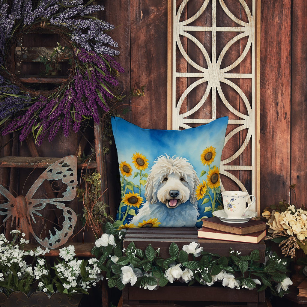 Komondor in Sunflowers Decorative Throw Pillow 14x14 Indoor Outdoor Accent Cushion, Fabric Cover with Insert for Sofa, Bed, Porch & Living Room