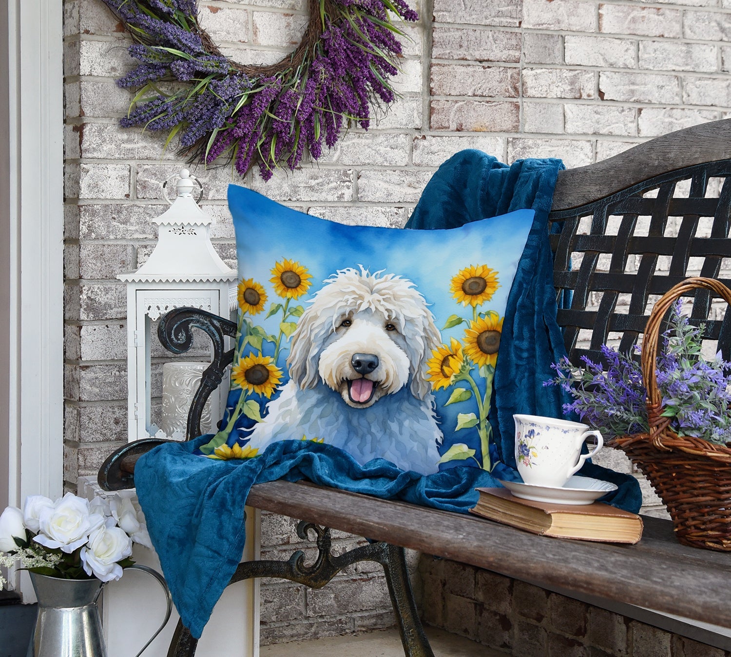 Komondor in Sunflowers Decorative Throw Pillow 18x18 Indoor Outdoor Accent Cushion, Fabric Cover with Insert for Sofa, Bed, Porch & Living Room
