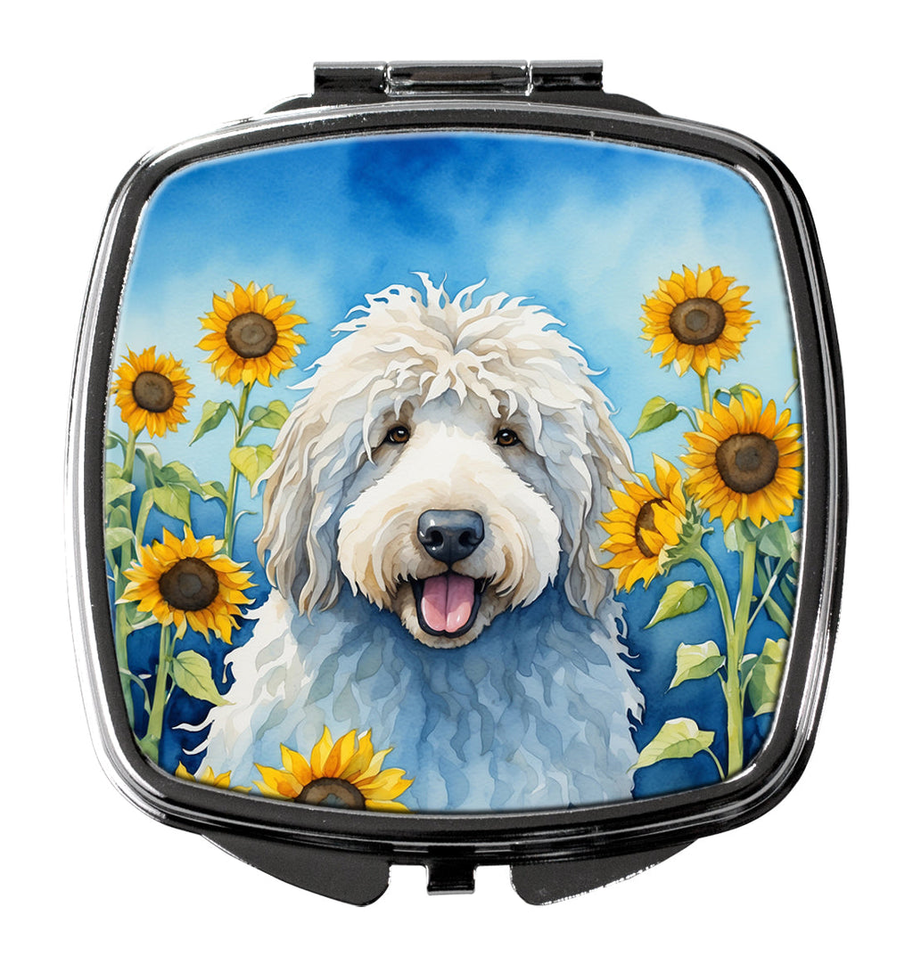Komondor in Sunflowers Compact Mirror Decorative Travel Makeup Mirror for Women Girls Gifts Pocket Makeup Mirror Folding Handheld