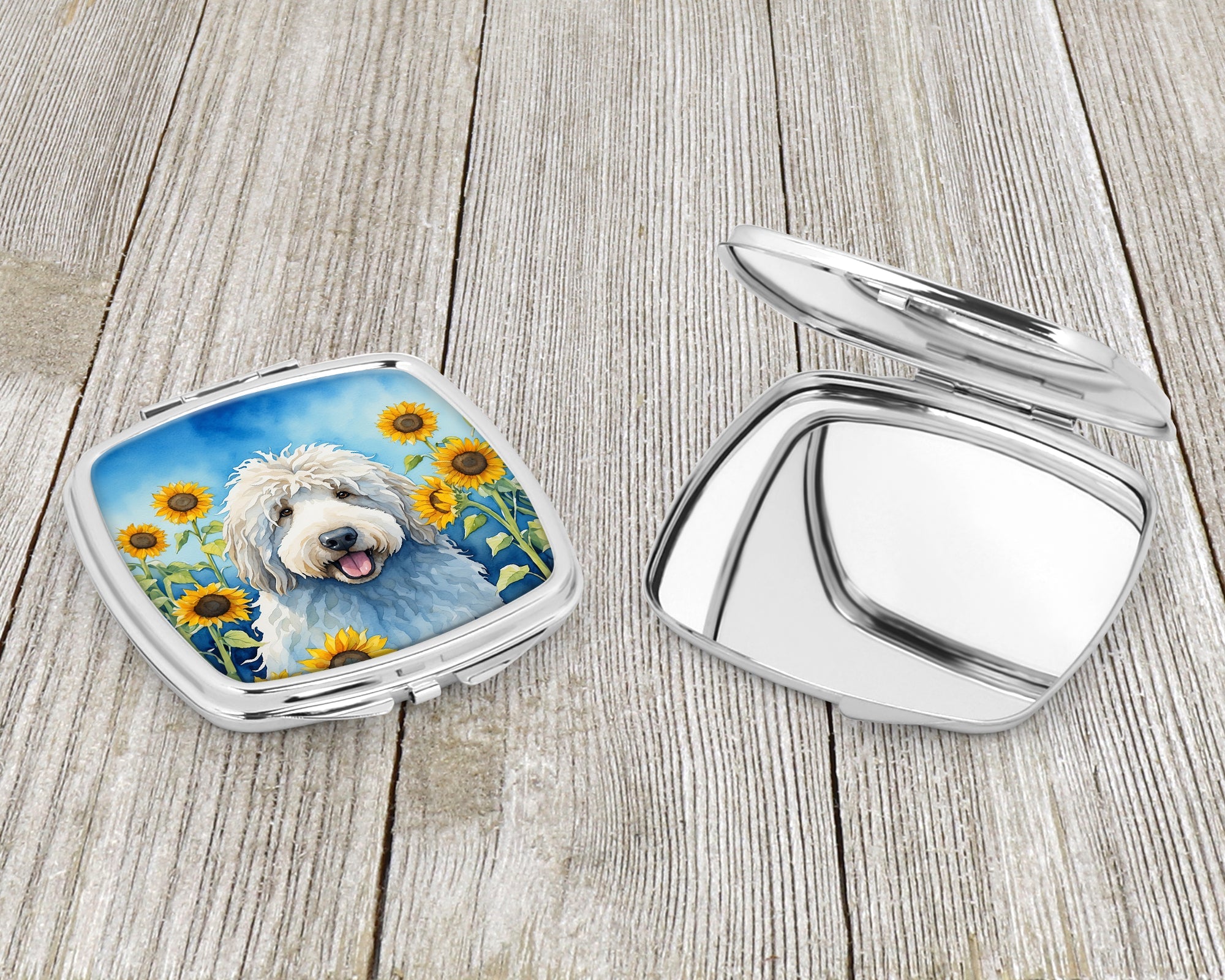 Komondor in Sunflowers Compact Mirror Decorative Travel Makeup Mirror for Women Girls Gifts Pocket Makeup Mirror Folding Handheld