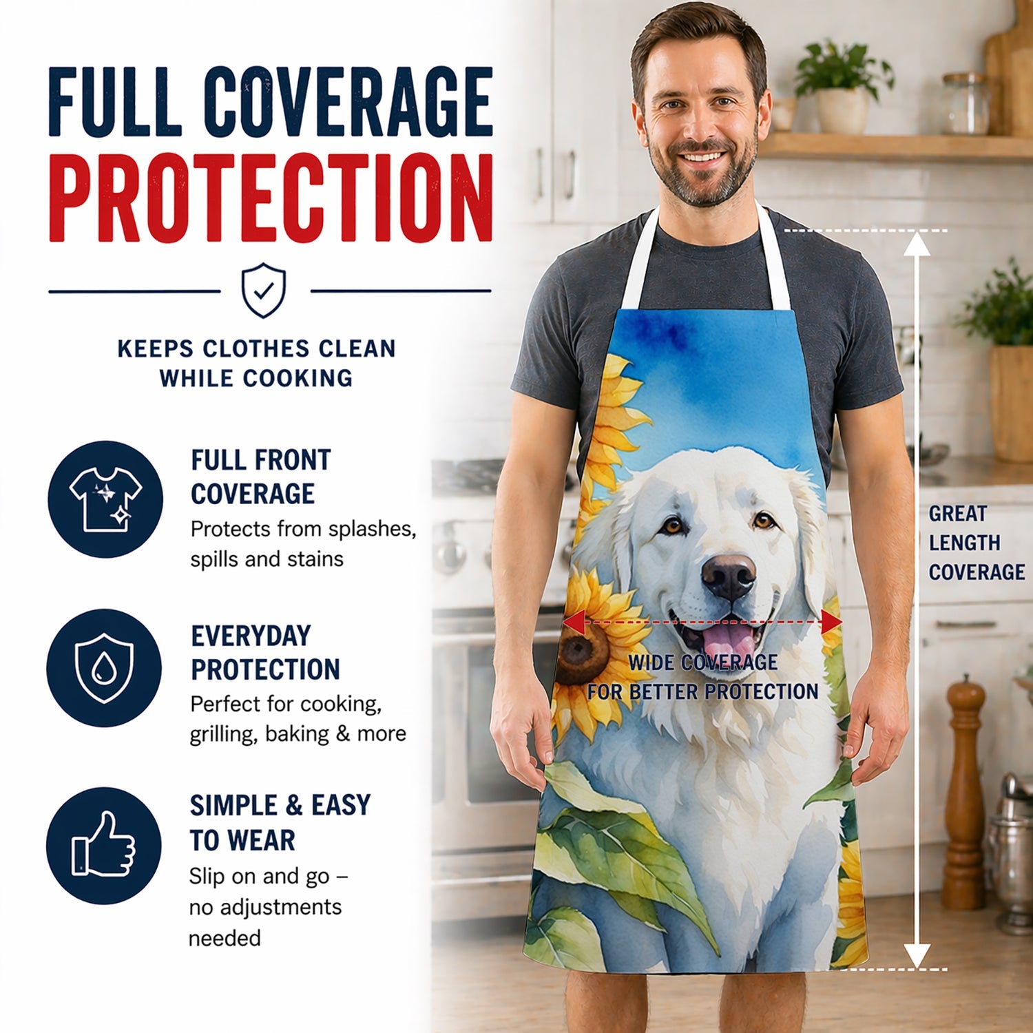 Kuvasz in Sunflowers Apron Cooking Kitchen Server Baking Crafts Gardening for Adult Women Men, Unisex, Large, Multicolor