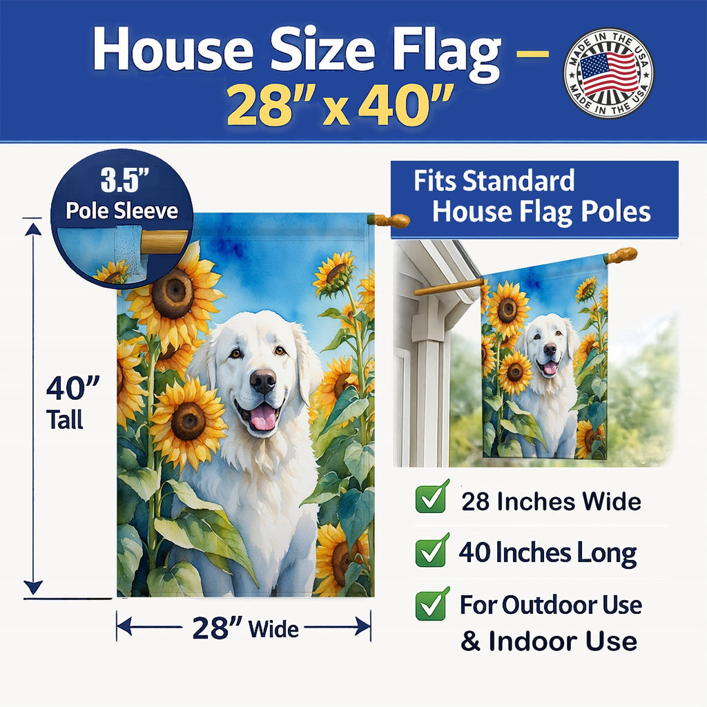 Kuvasz in Sunflowers House Flag 28x40 Porch Sleeve Pole Decorative Outside Yard Banner Artwork Wall Hanging, Polyester