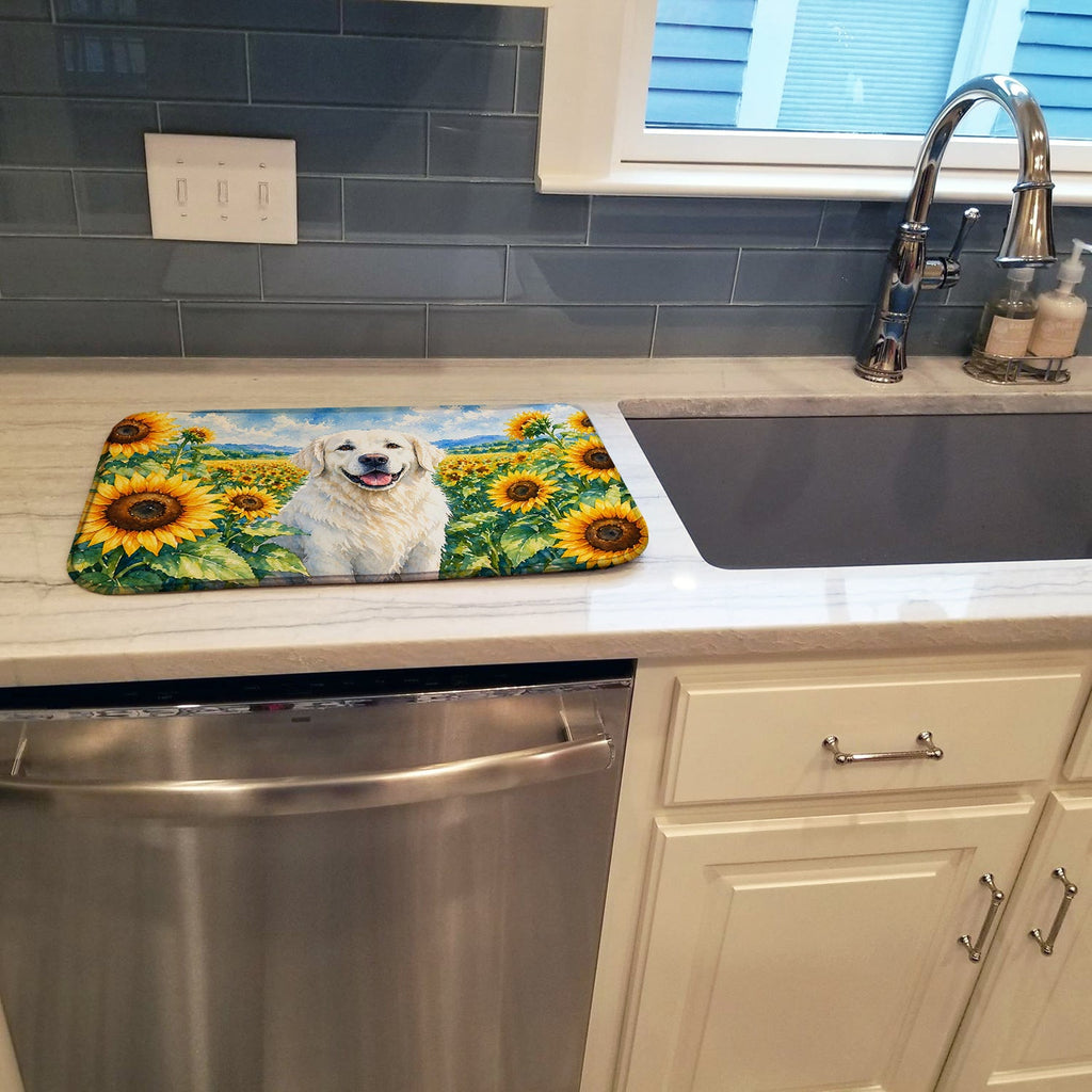 Kuvasz in Sunflowers Dish Drying Mat Absorbent Dish Drying Mat Pad for Kitchen Counter Dish Drainer Mat for Countertop, 14 x 21", Multicolor