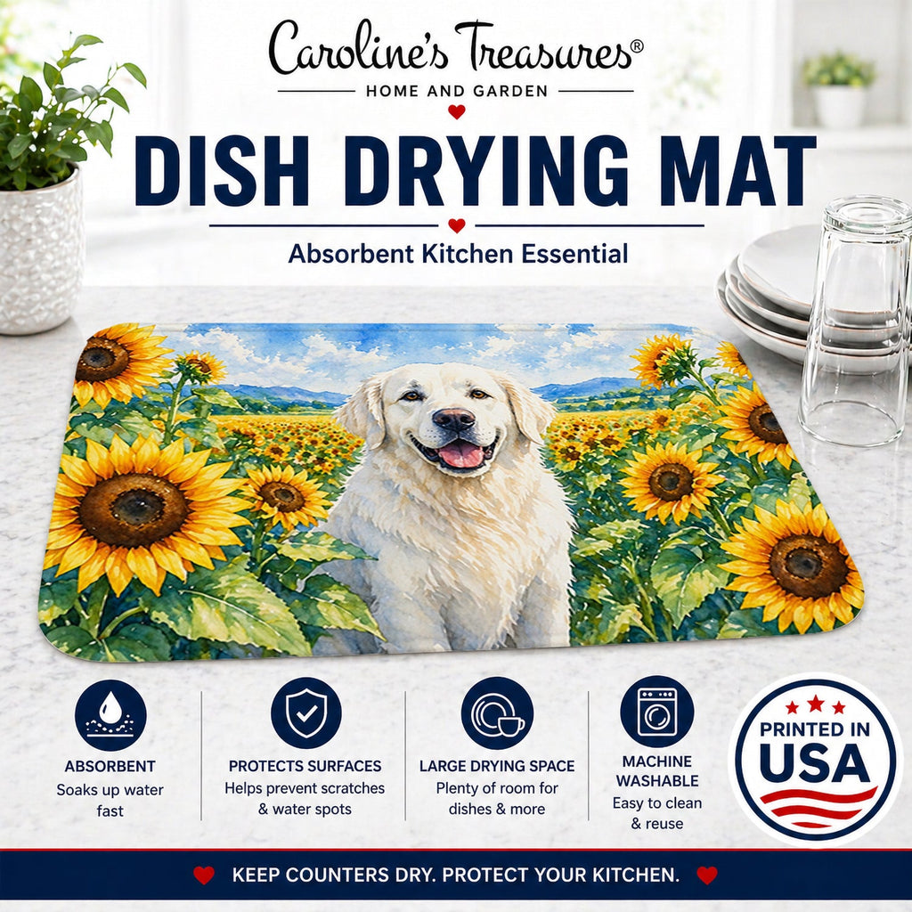 Kuvasz in Sunflowers Dish Drying Mat Absorbent Dish Drying Mat Pad for Kitchen Counter Dish Drainer Mat for Countertop, 14 x 21", Multicolor