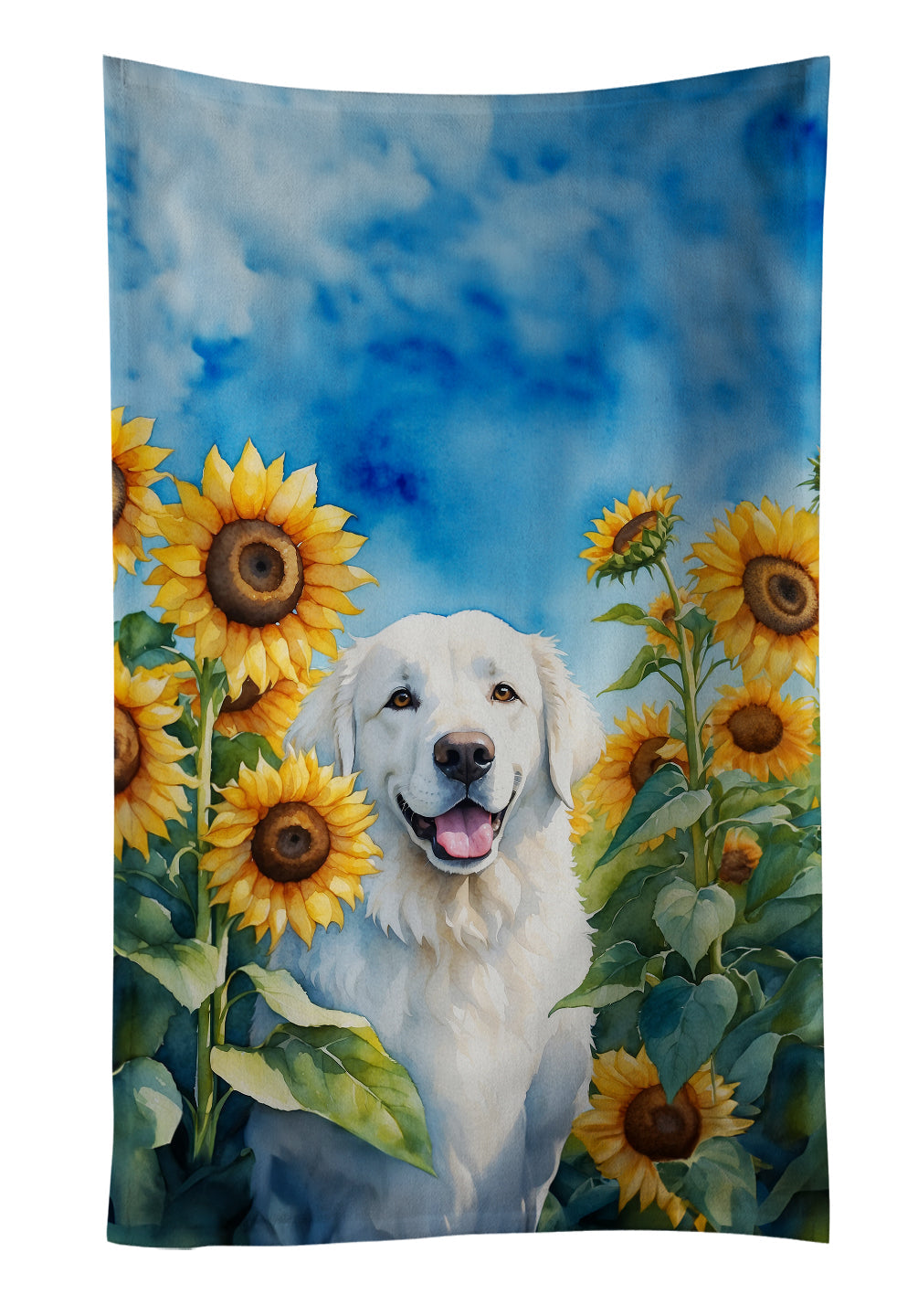 Kuvasz in Sunflowers Kitchen Towel Velour Plush Front and Cotton Loop Back Machine Washable