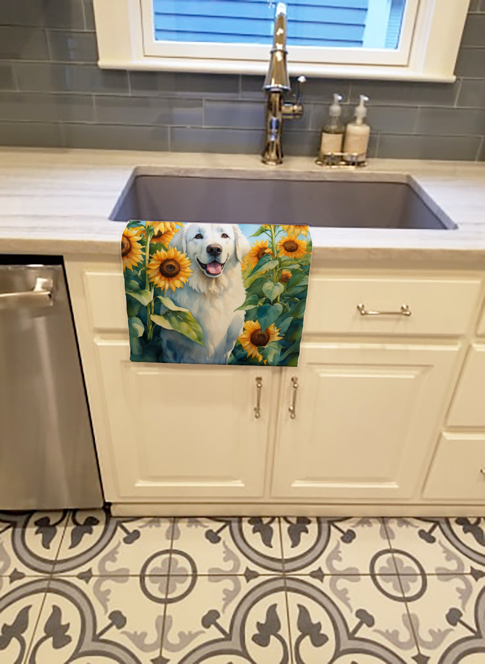 Kuvasz in Sunflowers Kitchen Towel Velour Plush Front and Cotton Loop Back Machine Washable
