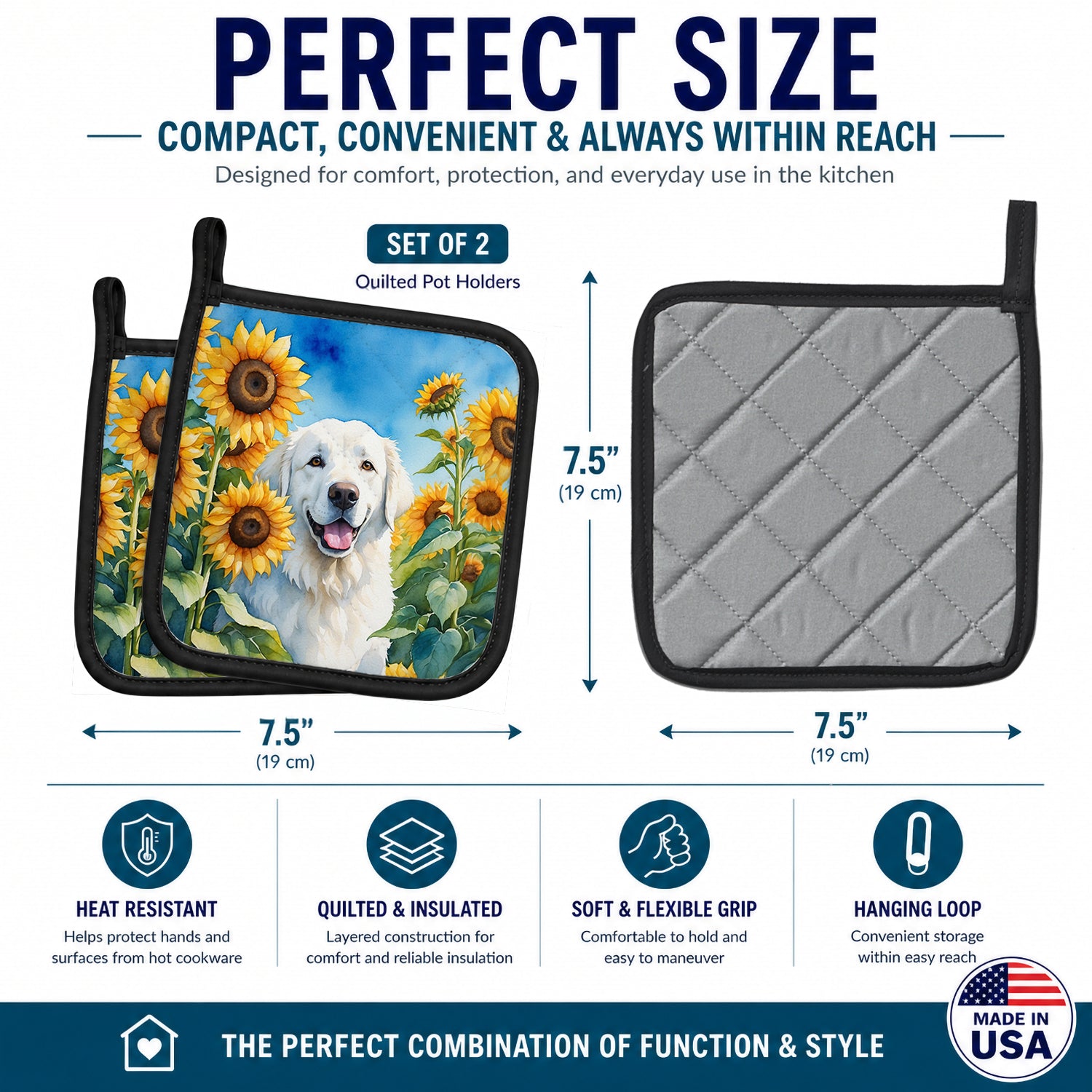 Kuvasz in Sunflowers Pot Holder Set of 2 Heat Resistant Quilted Hot Pads 7.5 x 7.5 Inch, Insulated Kitchen Trivets for Cooking & Baking