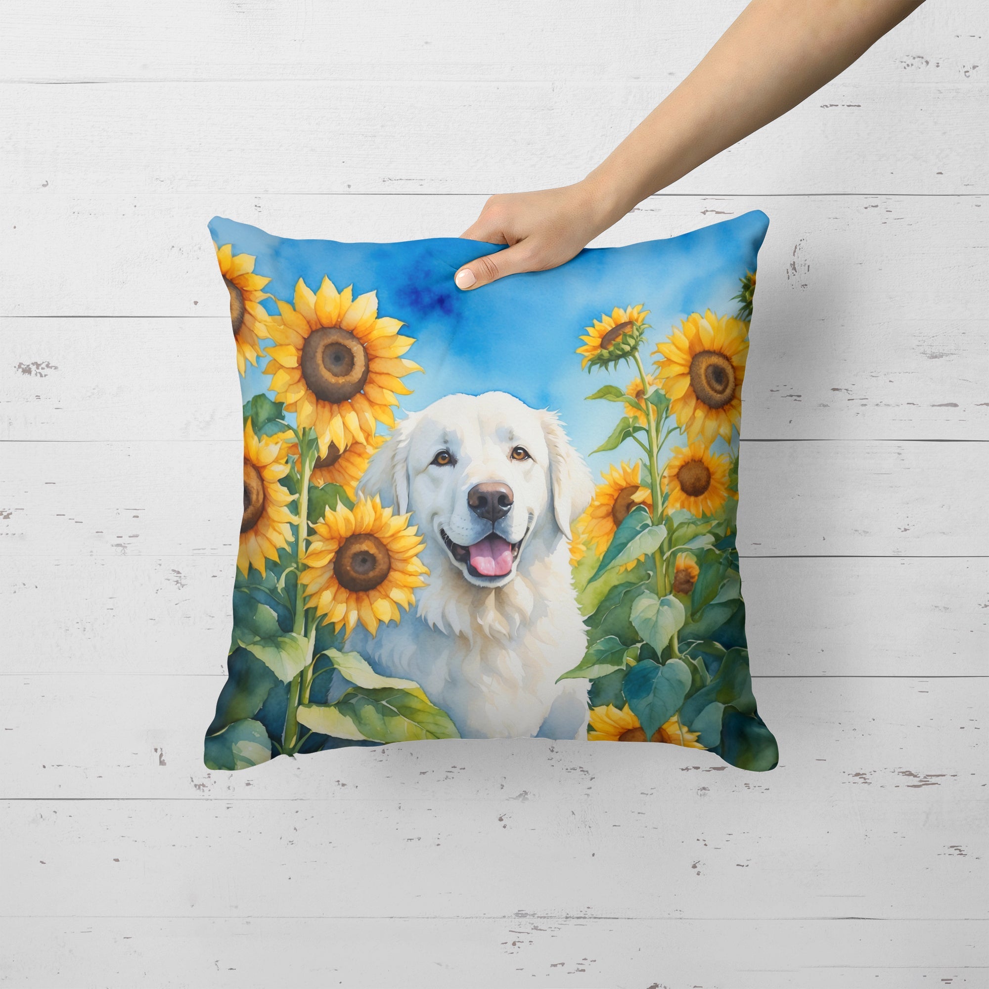 Kuvasz in Sunflowers Decorative Throw Pillow 18x18 Indoor Outdoor Accent Cushion, Fabric Cover with Insert for Sofa, Bed, Porch & Living Room