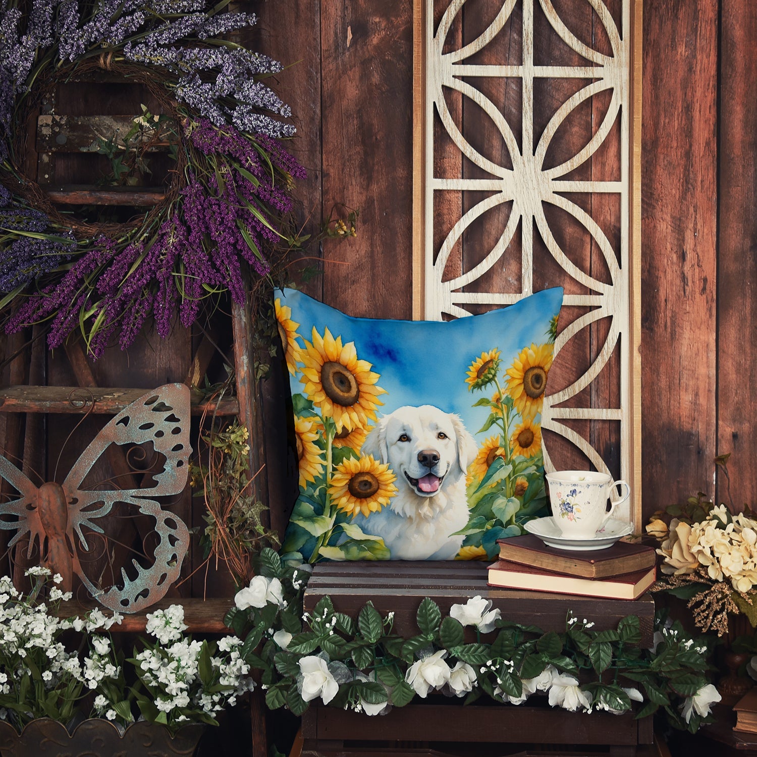 Kuvasz in Sunflowers Decorative Throw Pillow 18x18 Indoor Outdoor Accent Cushion, Fabric Cover with Insert for Sofa, Bed, Porch & Living Room
