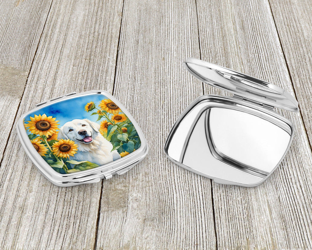 Kuvasz in Sunflowers Compact Mirror Decorative Travel Makeup Mirror for Women Girls Gifts Pocket Makeup Mirror Folding Handheld