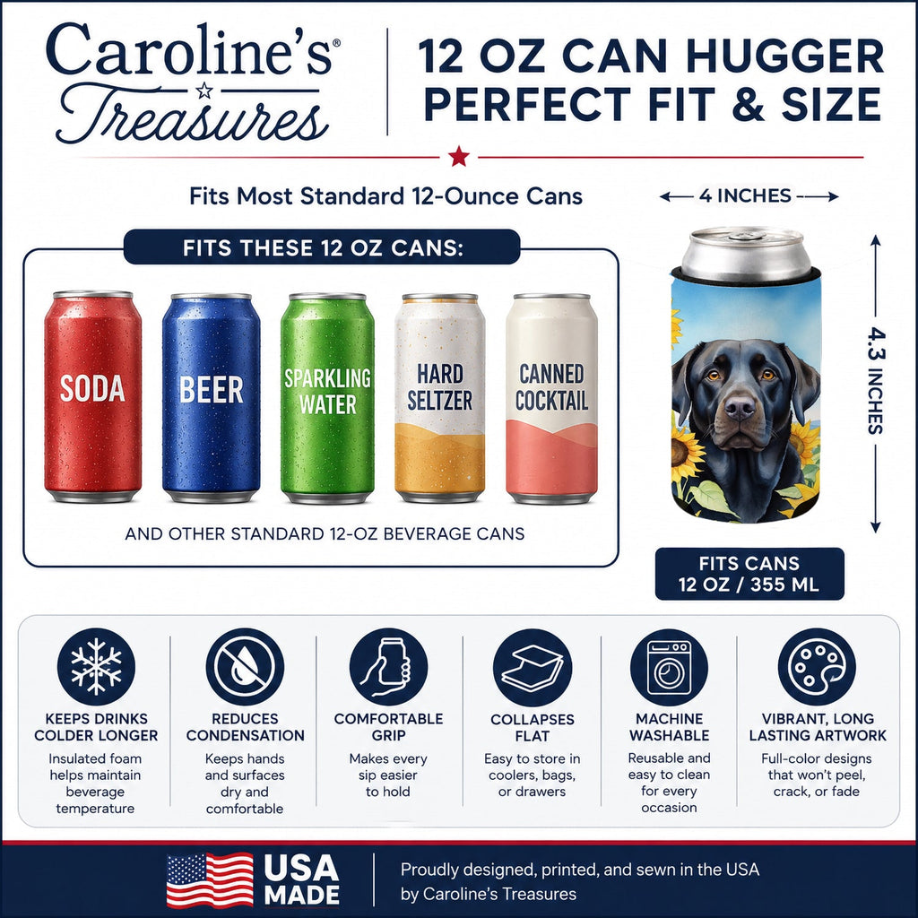 Labrador Retriever in Sunflowers Can or Bottle Hugger Cooler Sleeve for Standard 12 oz Cans, Insulated Foam Beer & Soda Can Hugger Reusable