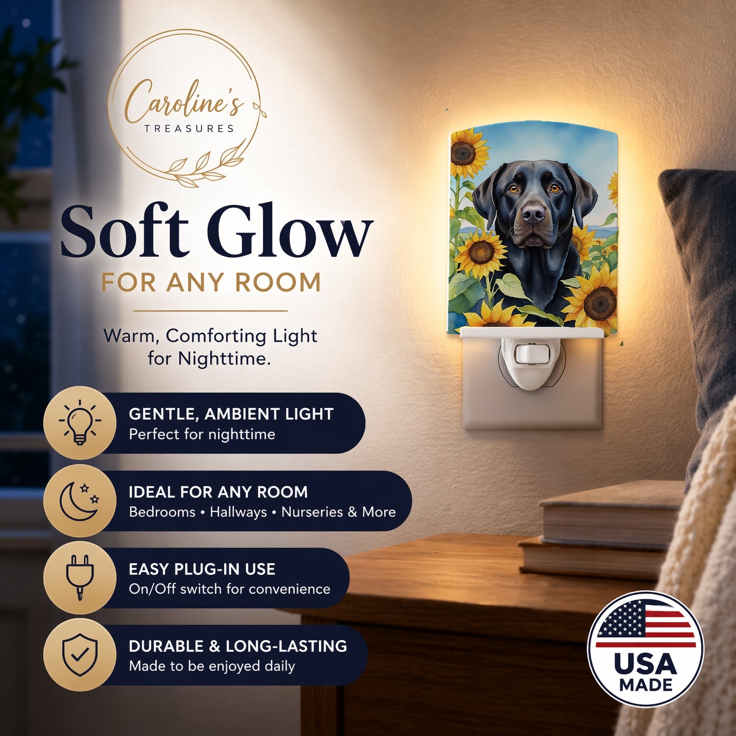 Labrador Retriever in Sunflowers Ceramic Night Light Compact, UL-Certified, Ideal for Bedroom, Bathroom, Nursery, Hallway, Kitchen, 6x4x3, Multicolor