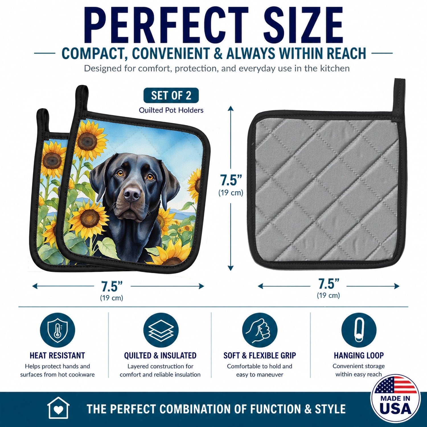 Labrador Retriever in Sunflowers Pot Holder Set of 2 Heat Resistant Quilted Hot Pads 7.5 x 7.5 Inch, Insulated Kitchen Trivets for Cooking & Baking