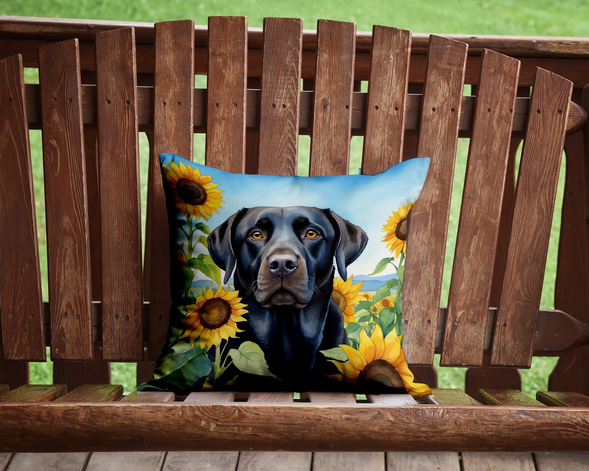 Labrador Retriever in Sunflowers Decorative Throw Pillow 14x14 Indoor Outdoor Accent Cushion, Fabric Cover with Insert for Sofa, Bed, Porch & Living Room