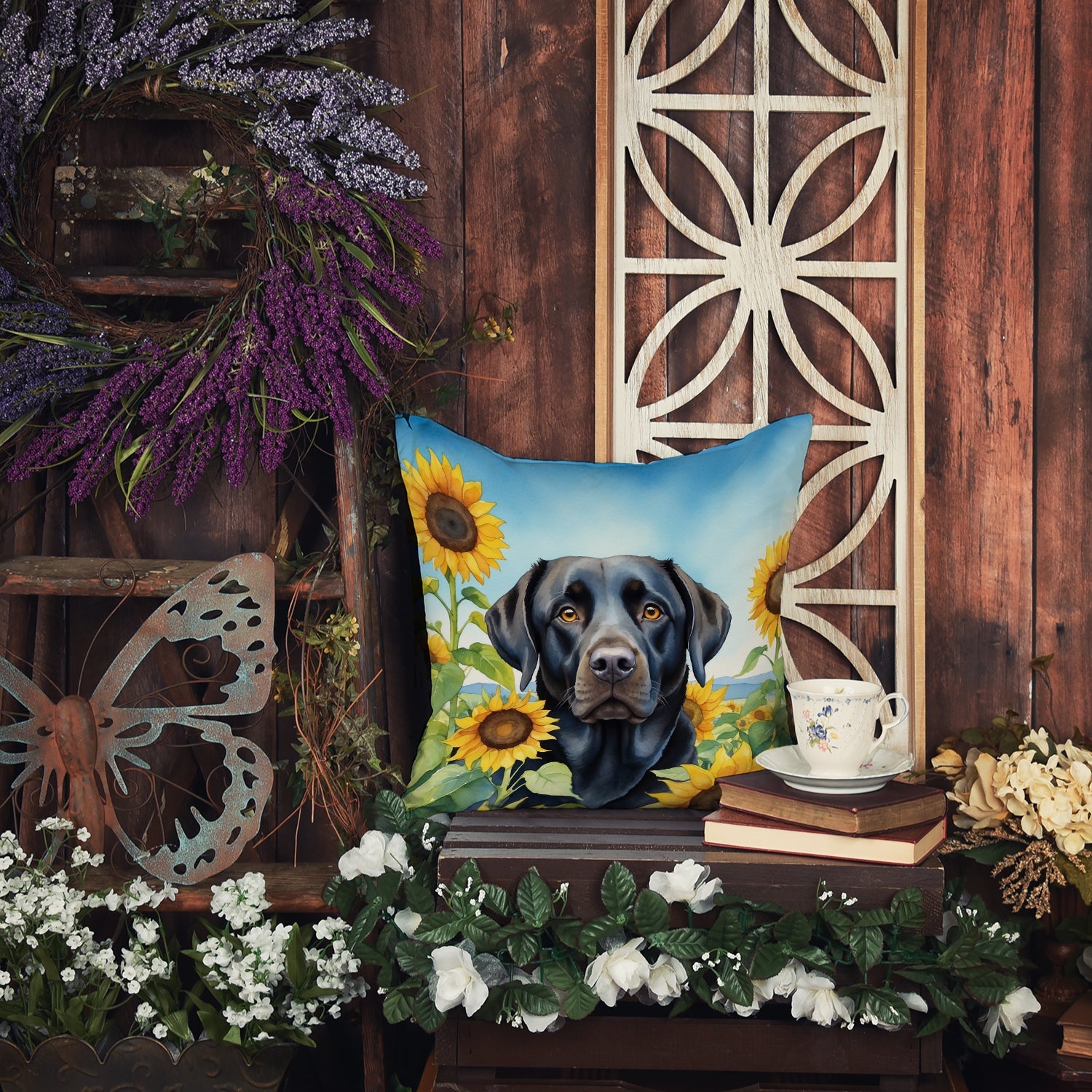 Labrador Retriever in Sunflowers Decorative Throw Pillow 18x18 Indoor Outdoor Accent Cushion, Fabric Cover with Insert for Sofa, Bed, Porch & Living Room