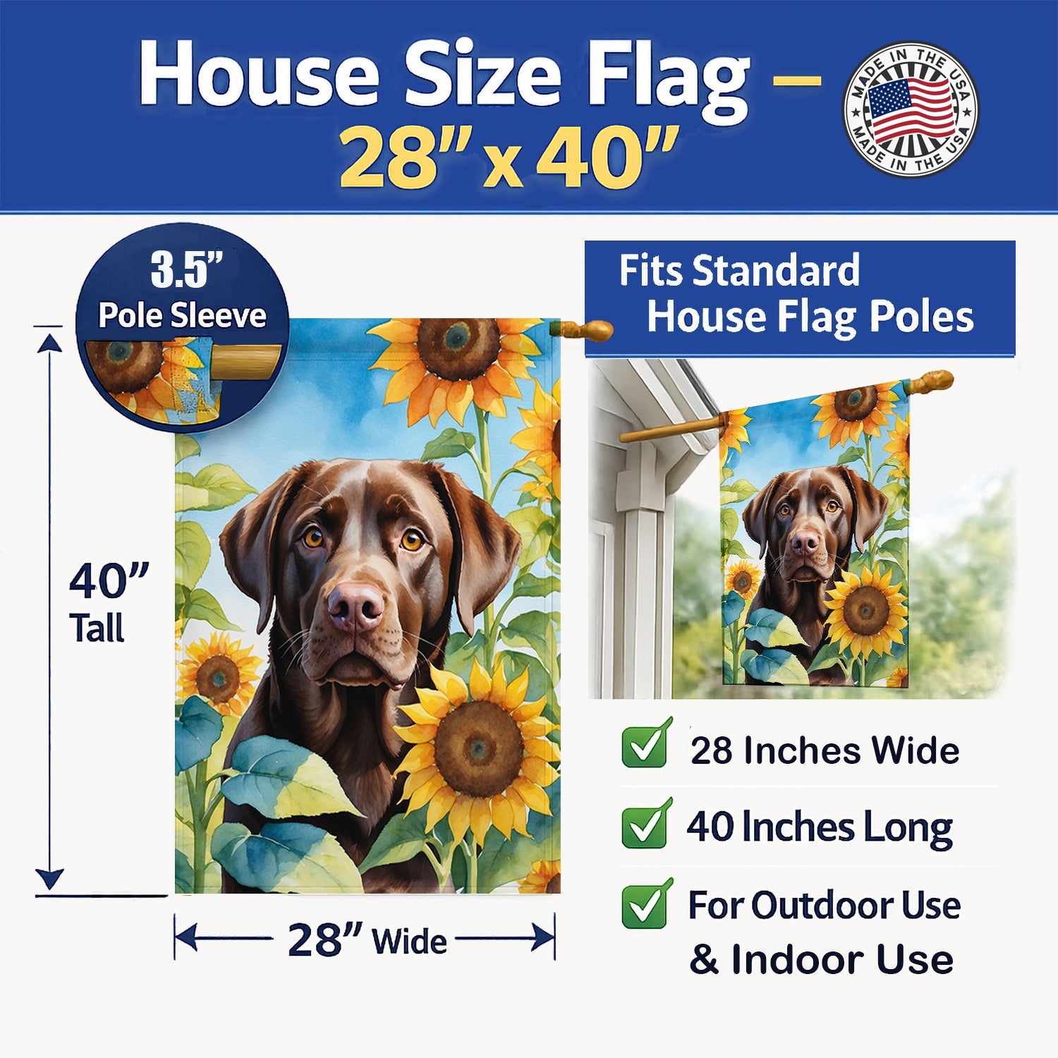 Labrador Retriever in Sunflowers House Flag 28x40 Porch Sleeve Pole Decorative Outside Yard Banner Artwork Wall Hanging, Polyester