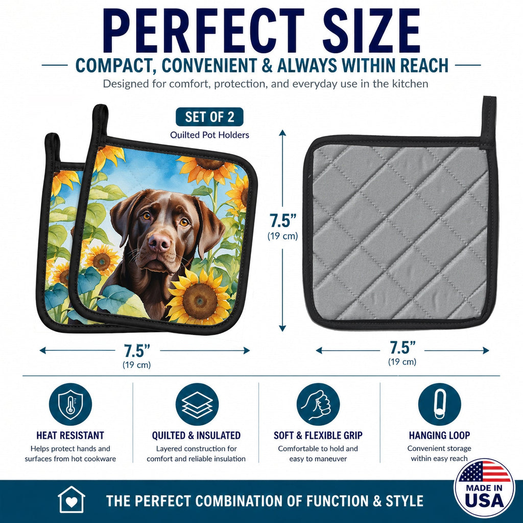 Labrador Retriever in Sunflowers Pot Holder Set of 2 Heat Resistant Quilted Hot Pads 7.5 x 7.5 Inch, Insulated Kitchen Trivets for Cooking & Baking