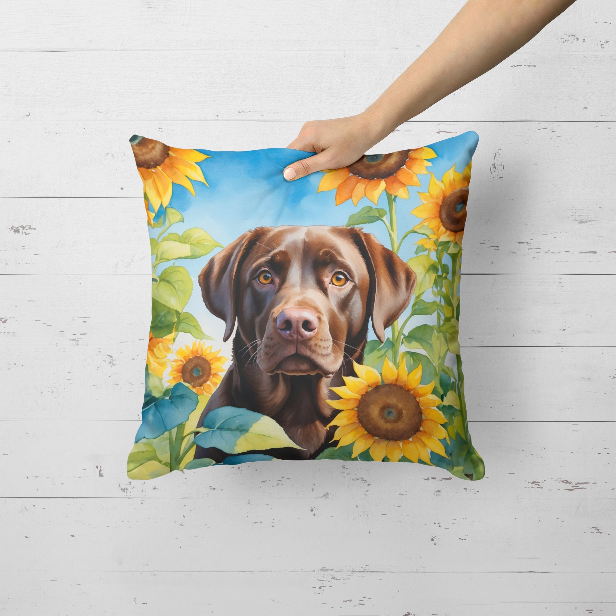Labrador Retriever in Sunflowers Decorative Throw Pillow 18x18 Indoor Outdoor Accent Cushion, Fabric Cover with Insert for Sofa, Bed, Porch & Living Room