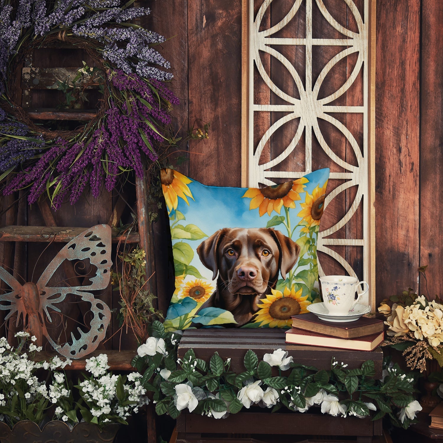 Labrador Retriever in Sunflowers Decorative Throw Pillow 18x18 Indoor Outdoor Accent Cushion, Fabric Cover with Insert for Sofa, Bed, Porch & Living Room