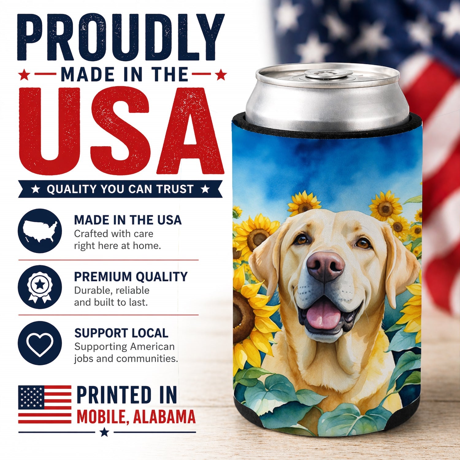 Labrador Retriever in Sunflowers Can or Bottle Hugger Cooler Sleeve for Standard 12 oz Cans, Insulated Foam Beer & Soda Can Hugger Reusable