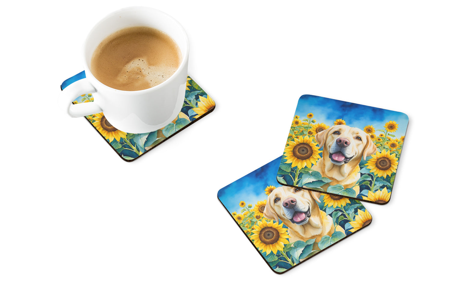 Labrador Retriever in Sunflowers Foam Coasters Set of 4 Cup Coasters for Indoor Outdoor, Tabletop Protection, Anti Slip, Mouse pad Material
