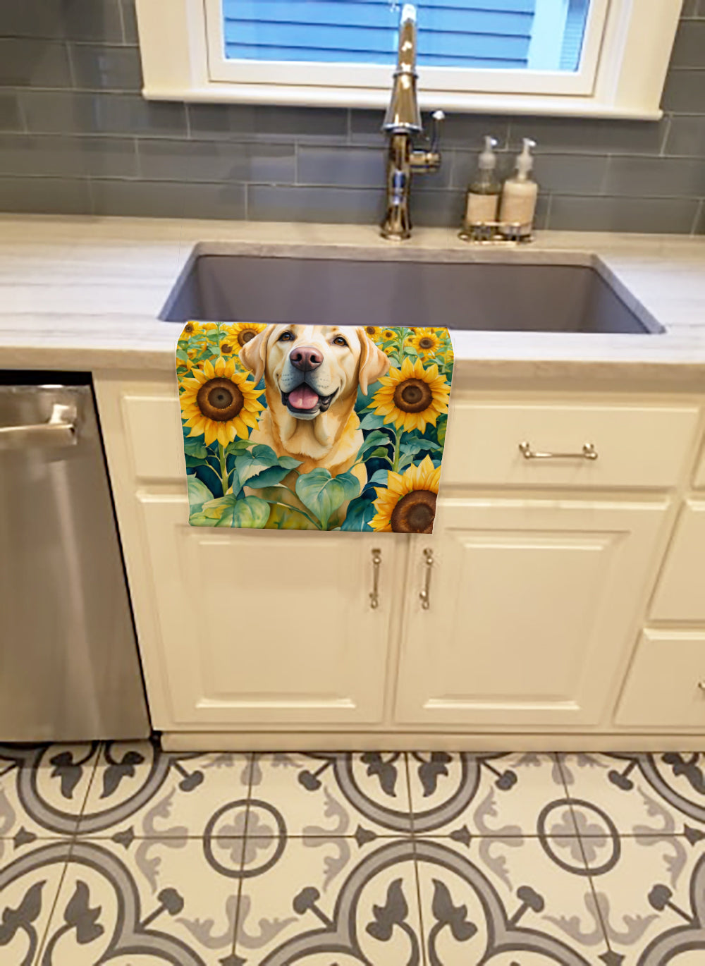 Labrador Retriever in Sunflowers Kitchen Towel Velour Plush Front and Cotton Loop Back Machine Washable