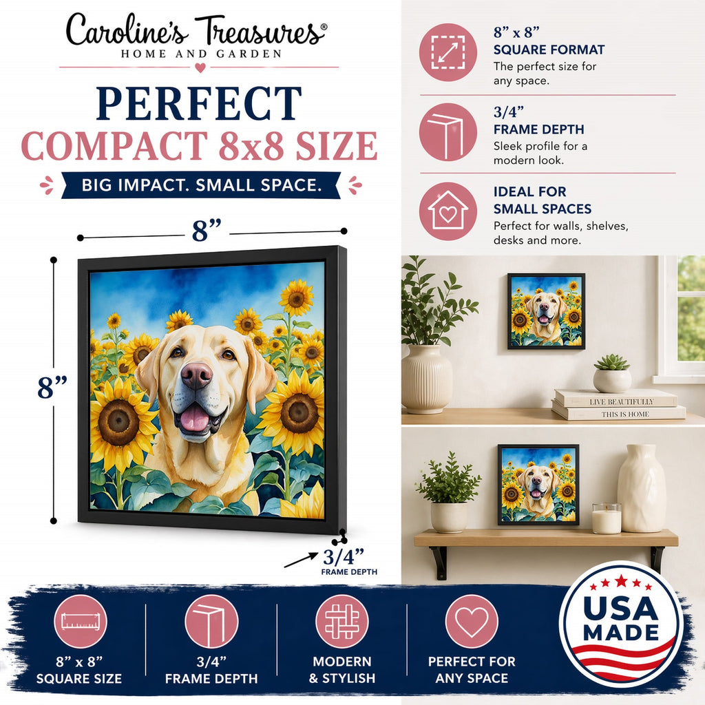 Labrador Retriever in Sunflowers Framed Metal Print Bathroom, Kitchen, Office, Home Decor Wall Art Ready to Hang, Square, 8X8